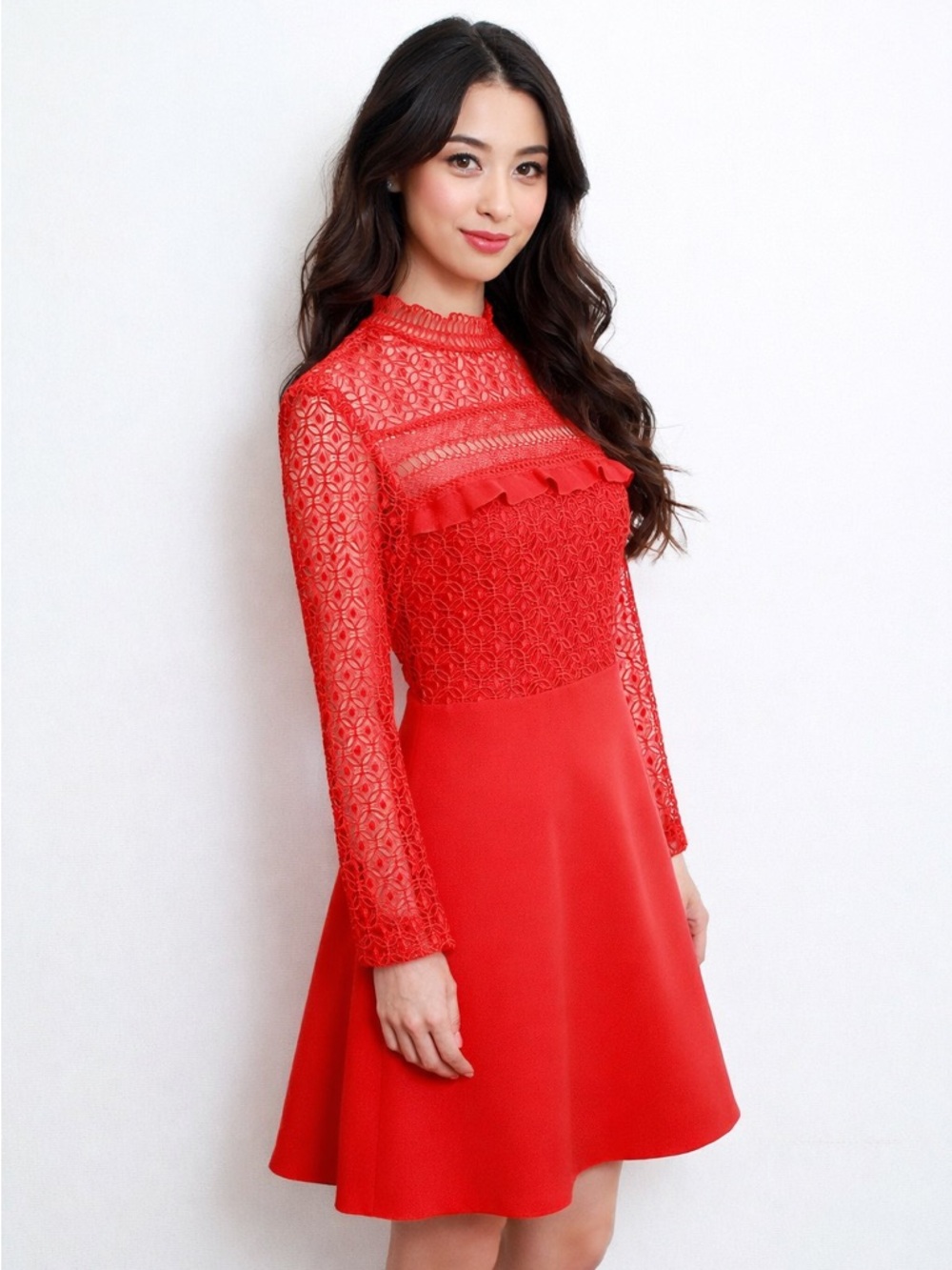 Stradivarius Red Lace Yoke Fit & Flare Dress MSRP $72 NWOT Small